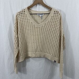 DKNY Cream Gold Shimmer Open Stitch Oversized Sweater Womens Sz M Beach